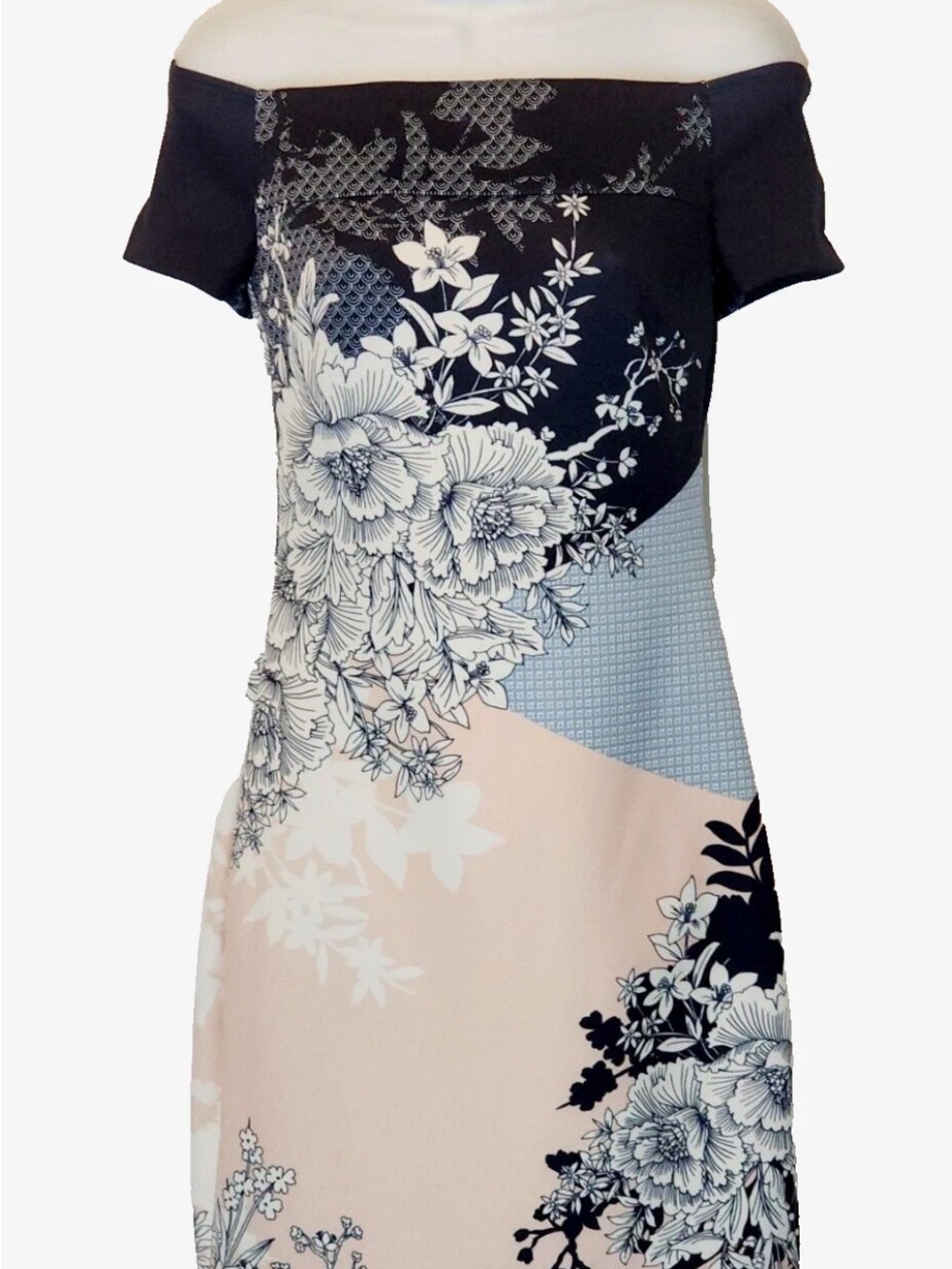 Guess Off-the-Shoulder Floral Panel Mini Dress in Navy and Cream - Picture 12 of 15